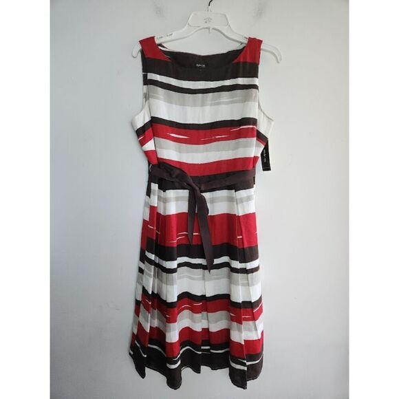 NWT Style & Co. A-Line Tie Waist Brown, White, Red, 100% Linen Midi Dress sz 14P - Picture 1 of 10